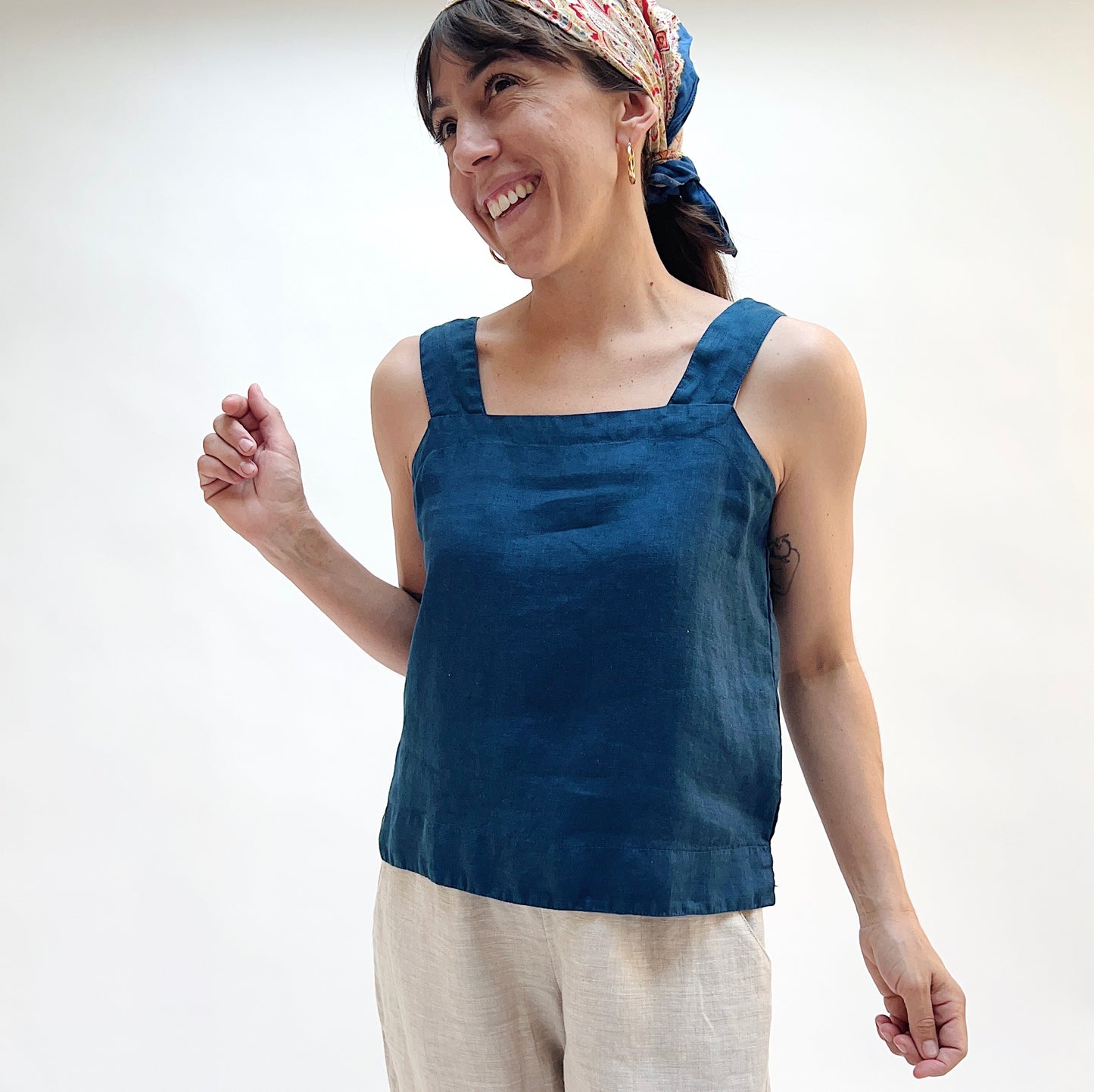 Square Neck Linen Tank in Naval