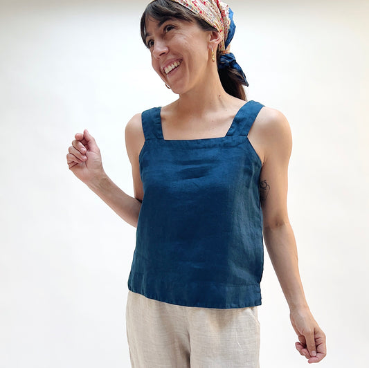 Square Neck Linen Tank in Naval
