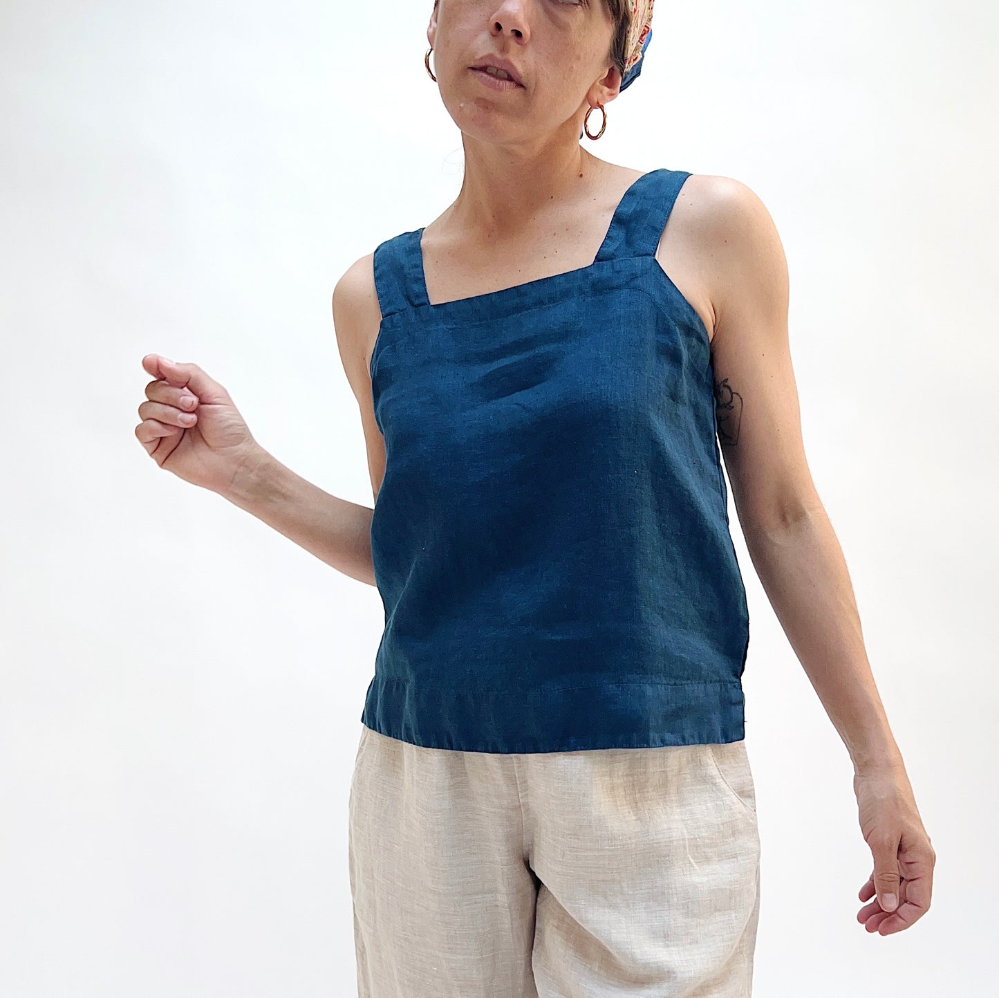 Square Neck Linen Tank in Naval