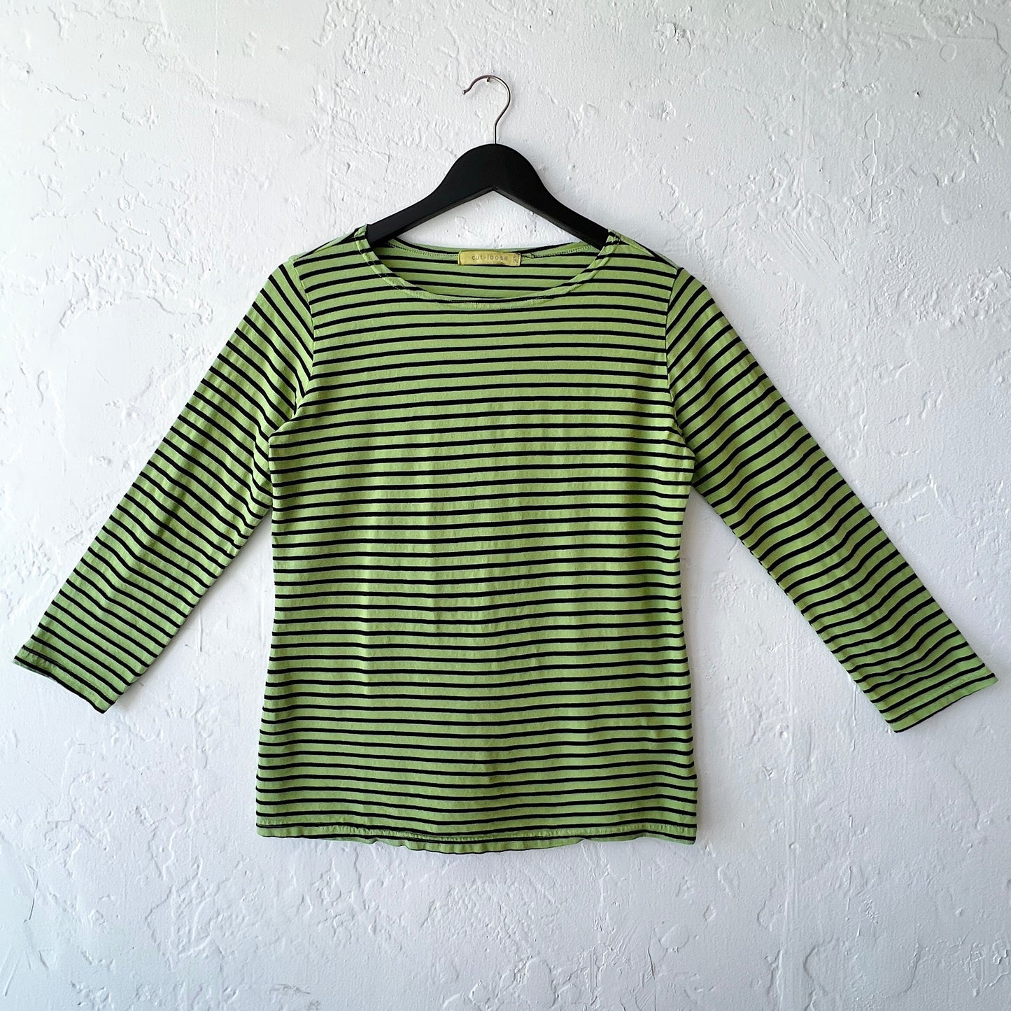 3/4 Sleeve Boatneck Tee Shirt in Verde Stripe