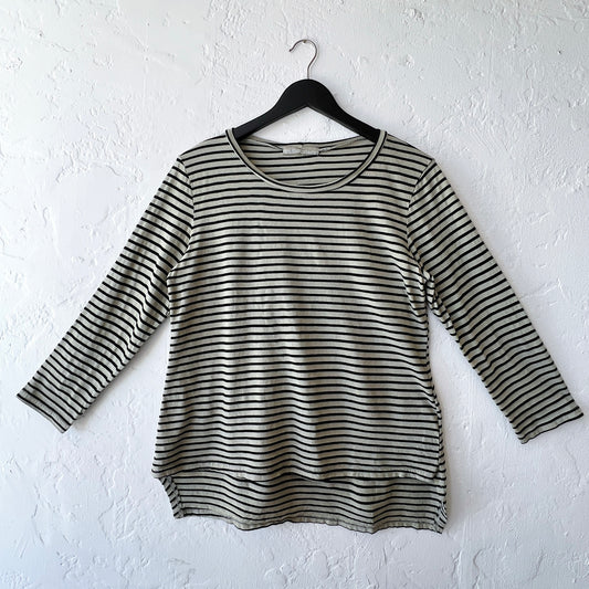 High Low Long Sleeve Shirt in Balsam Green Stripes