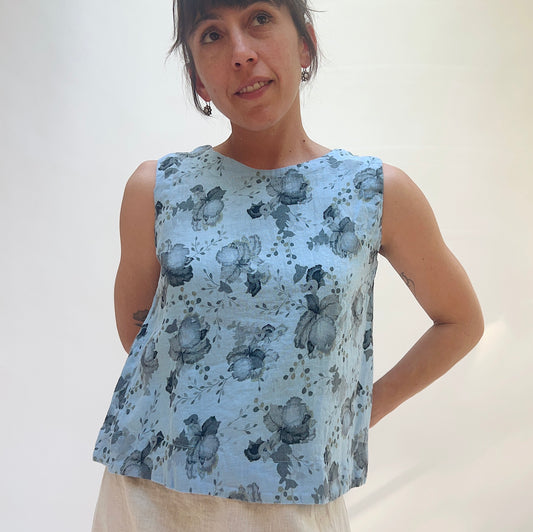 Linen Boxy Tank in Bellflower Leoni Floral Print
