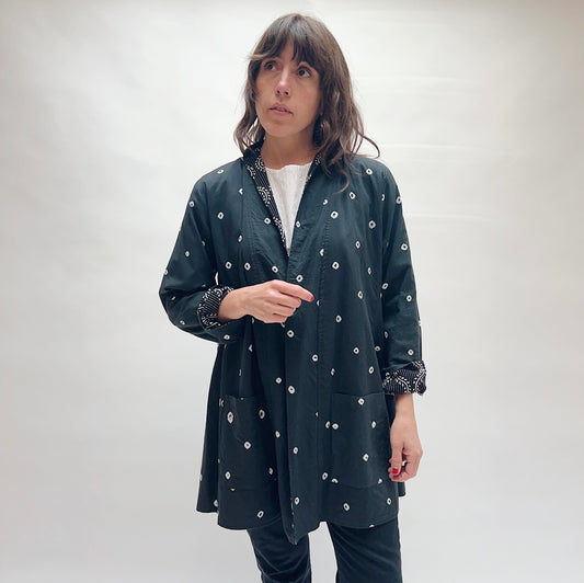 One Size Reversible Patchwork Jacket in Black Shibori & Tagai Curves