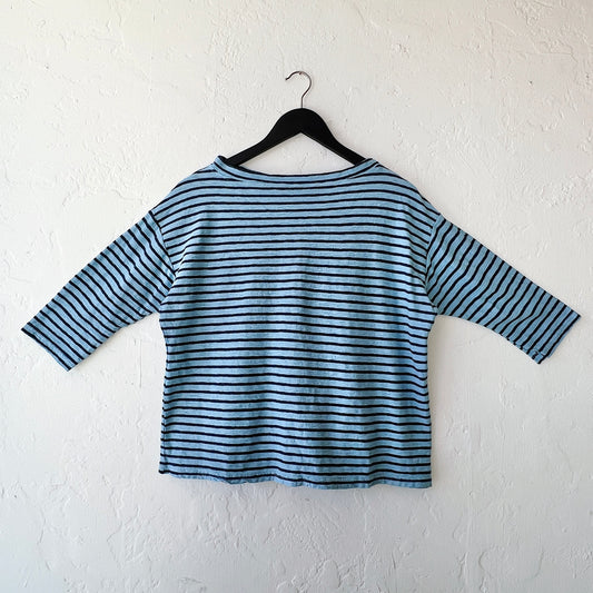 Mock Boatneck Tee in Bellflower & Navy Stripe
