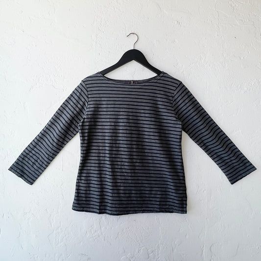 3/4 Sleeve Boatneck Top in Anthracite & Navy Stripe