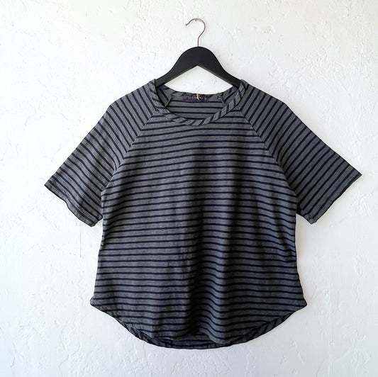 Boxy Raglan Sleeve Tee in Anthracite & Navy Stripe