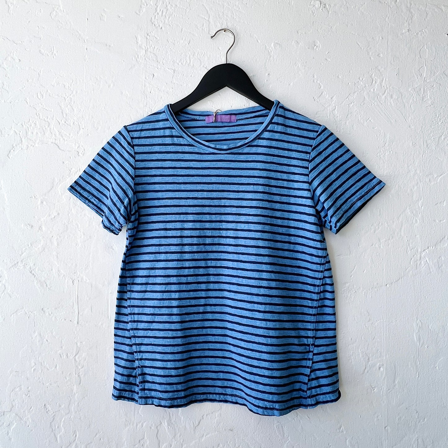 Short Sleeve Slit Hem Tee in Navy and Forget Me Not Stripe