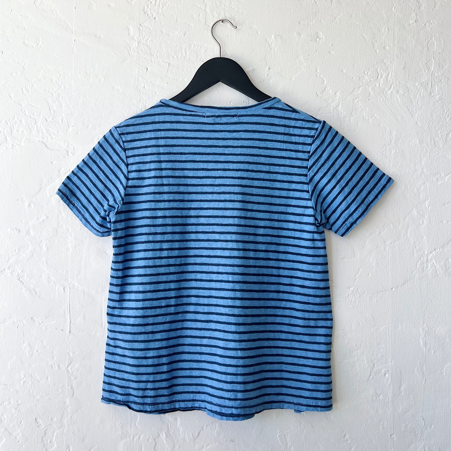 Short Sleeve Slit Hem Tee in Navy and Forget Me Not Stripe