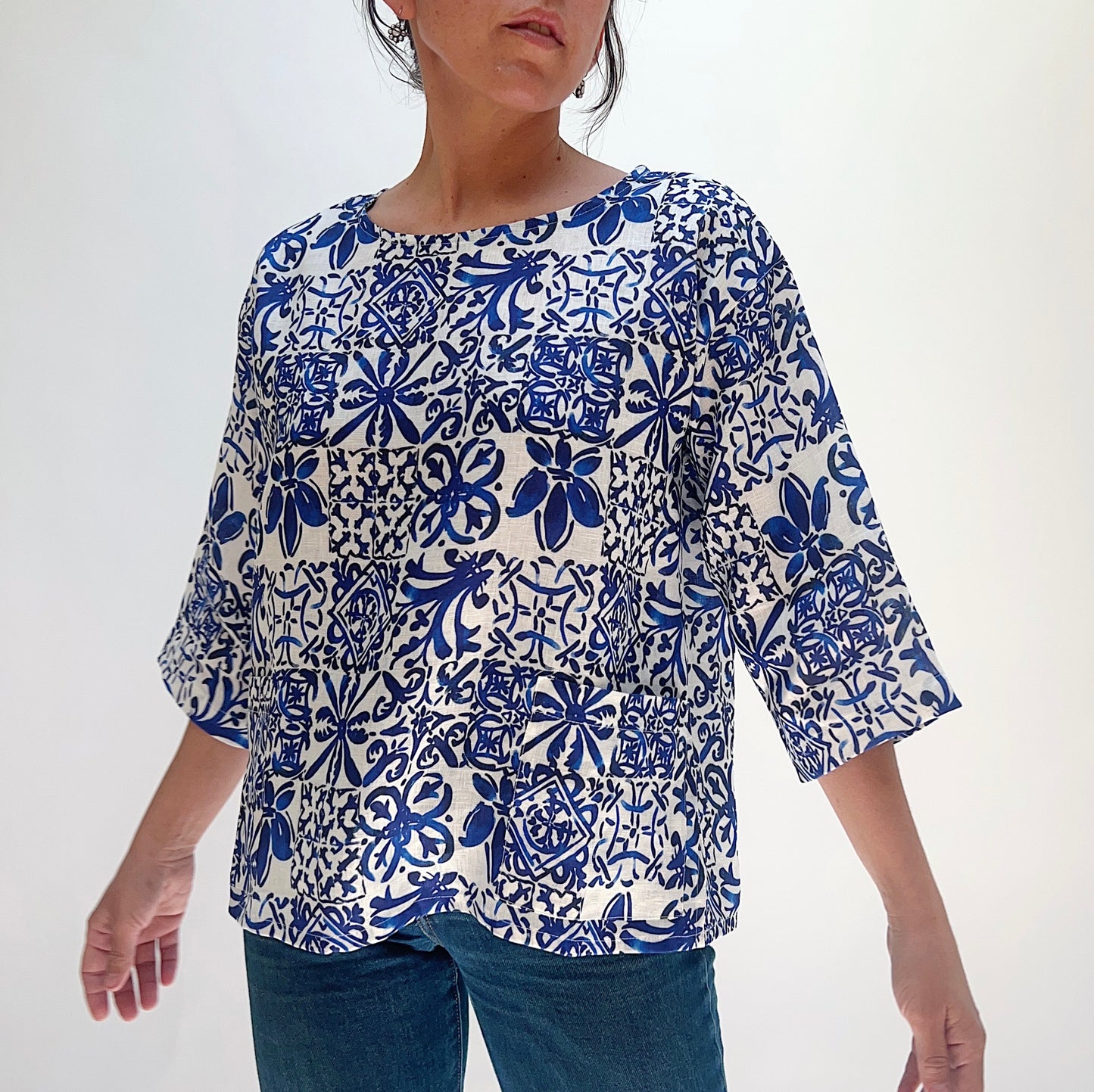 Linen Blue Tiles Print Top