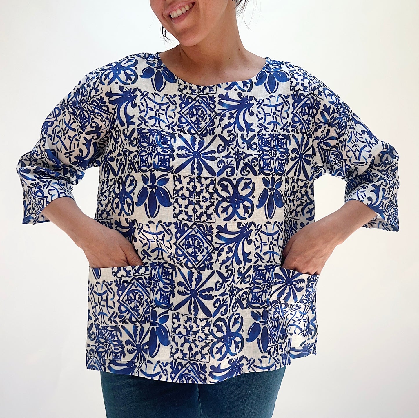 Linen Blue Tiles Print Top