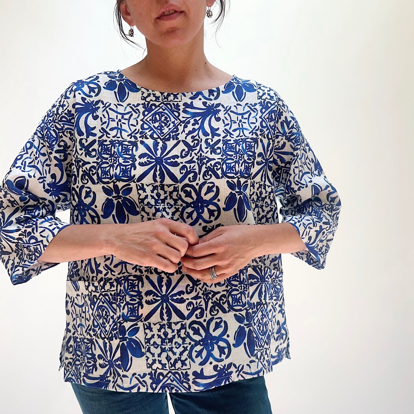 Linen Blue Tiles Print Top