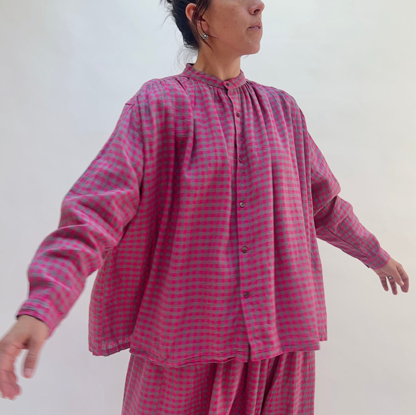 Woven Gingham Check Shirt in Bright Pink