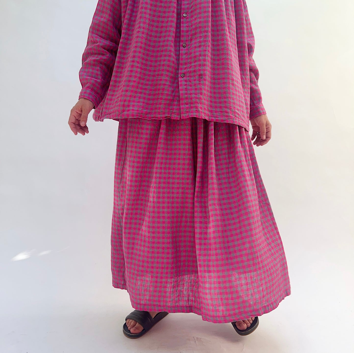 Woven Gingham Check Skirt in Bright Pink