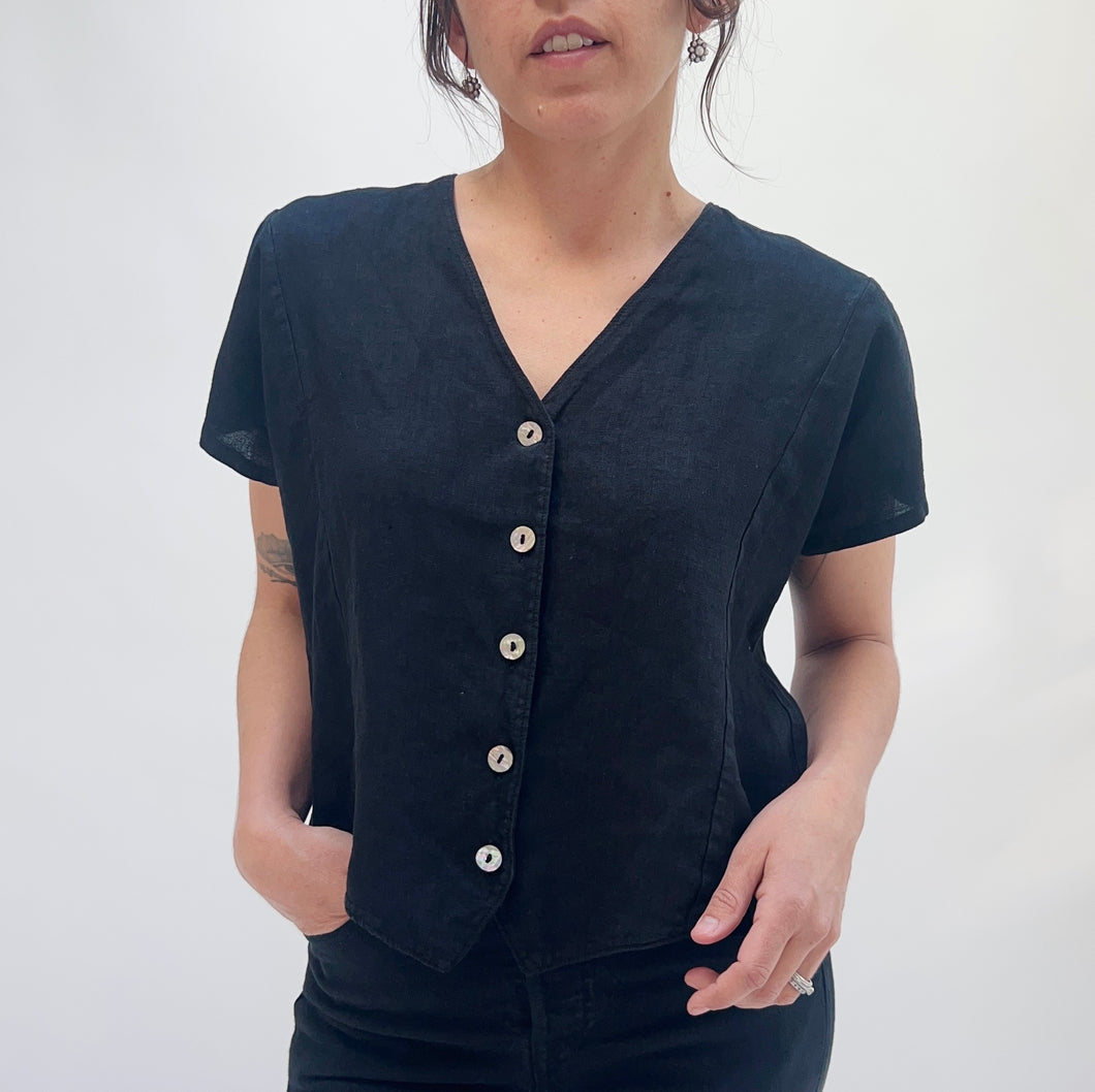 Bryn Walker | Linen V-Neck Button Front Shirt in Black