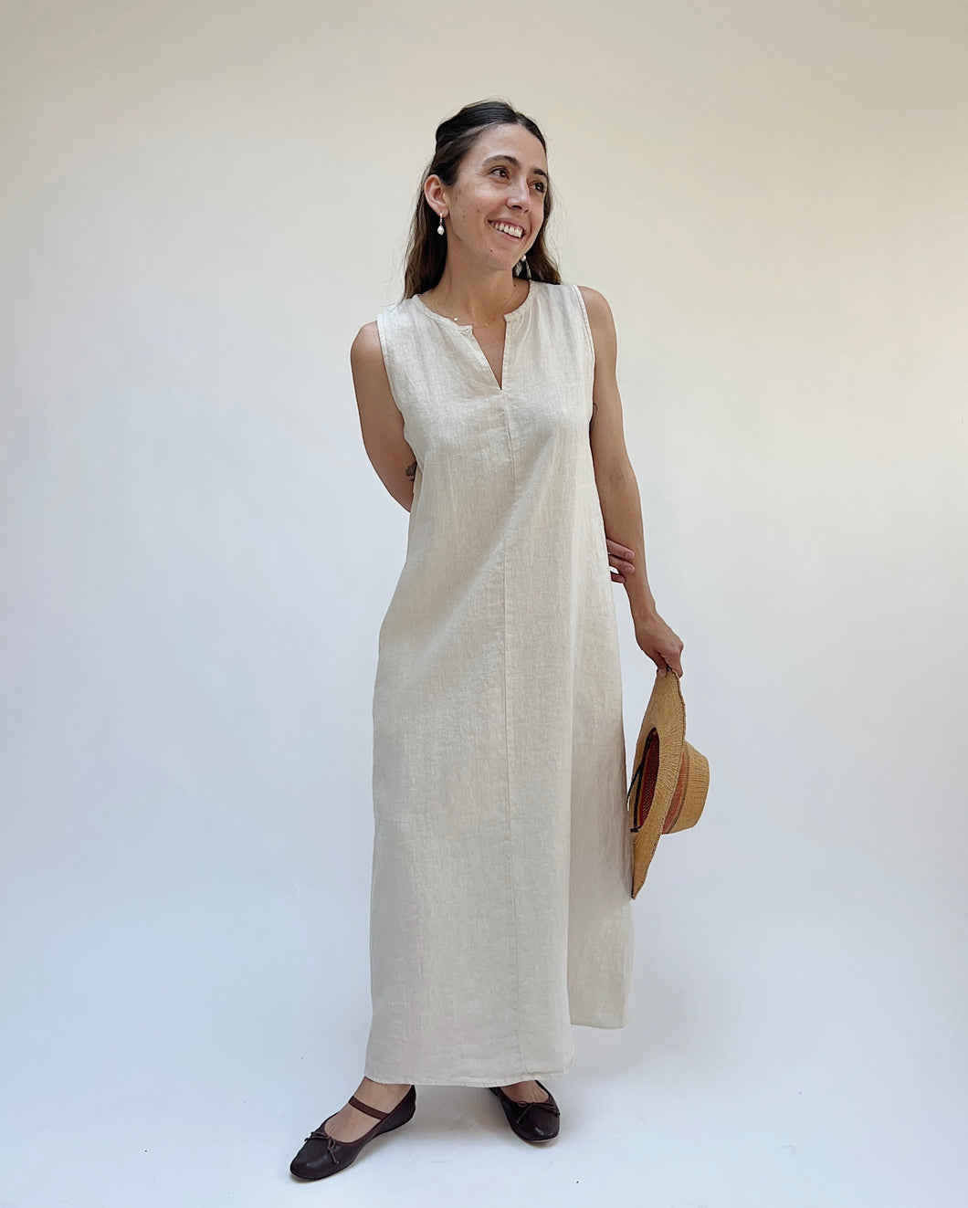 Cut Loose | Linen Split Neck Maxi Dress in Jicama