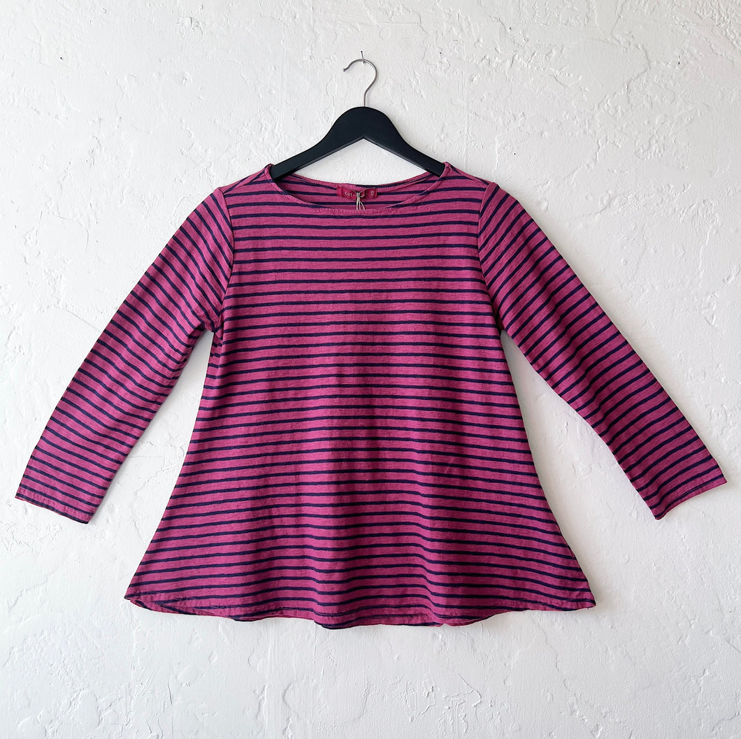 Cut Loose | 3/4 Sleeve A-Line Boatneck Top in Rhubarb & Navy Stripe