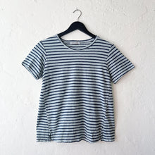 Load image into Gallery viewer, Cut Loose | Short Sleeve Slit Hem Tee in Navy and Moonlight Stripe
