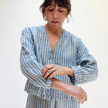Load image into Gallery viewer, Bryn Walker | Linen Crop V-Neck Long Sleeve Top in Arles Stripe
