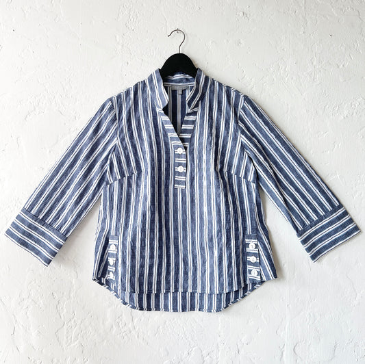 Palm Beach Stripe Ribbon Trim Tunic in Indigo