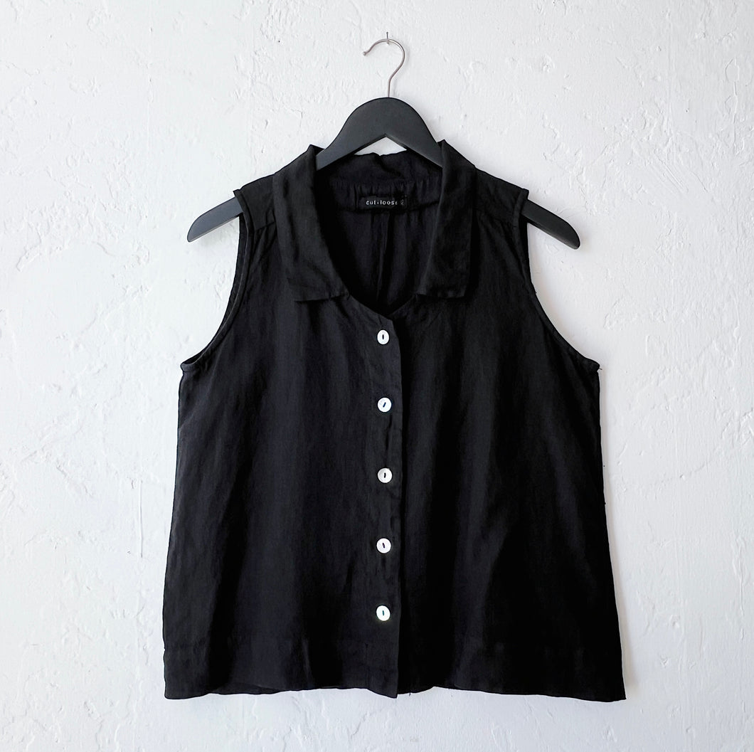 Cut Loose | Sleeveless Linen Shirt with Collar in Black