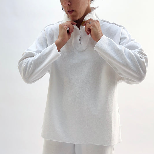 Eleven Stitch | Long Funnel Neck Slub Sweatshirt in Chalk