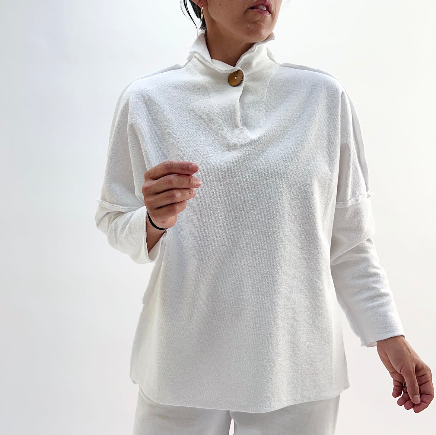 Eleven Stitch | Long Funnel Neck Slub Sweatshirt in Chalk