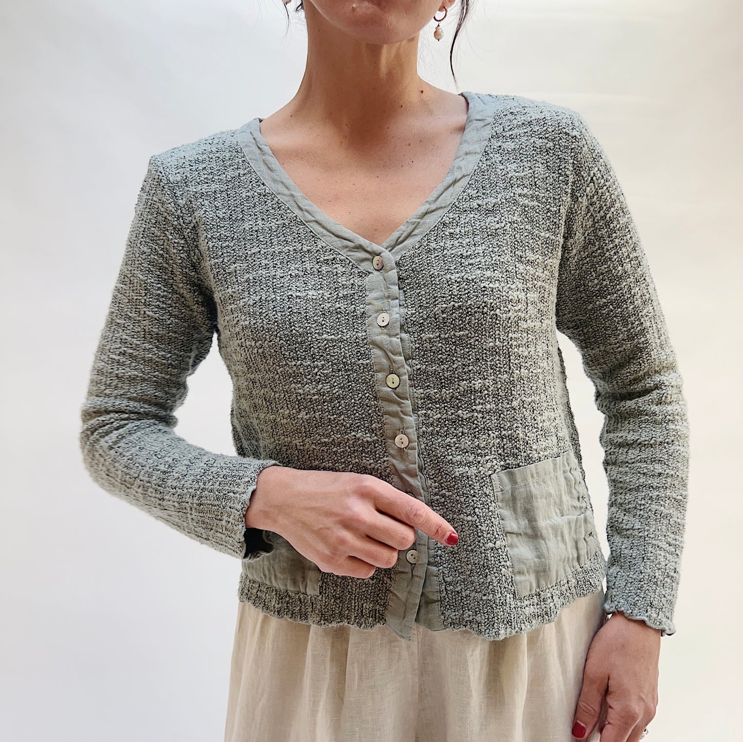 Linen and Knit Cropped Pocket Cardigan in Overcast