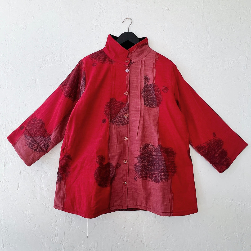 Mona Lisa | Cowl Neck Pintuck Fleece Lined Jacket in Red Meshed Patch Print