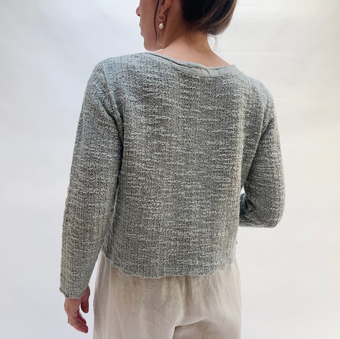Linen and Knit Cropped Pocket Cardigan in Overcast