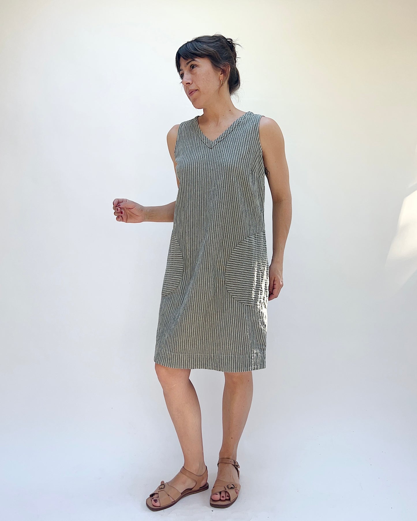V-Neck Shift Dress in Overcast Stripe