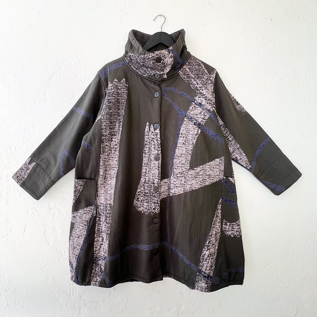 Mona Lisa | Cowl Neck Fleece Lined Jacket in Khaki Abstract Paint Print