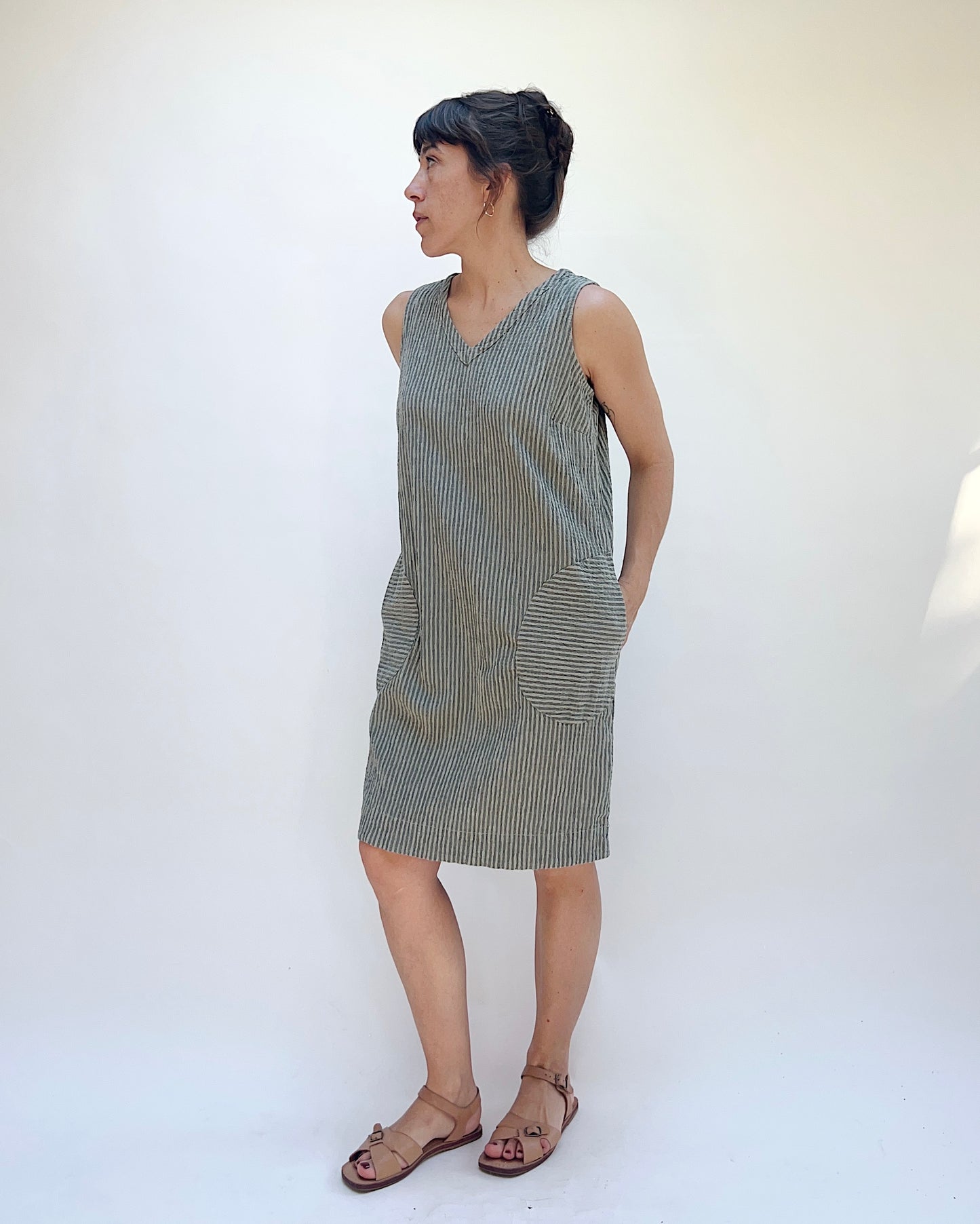 V-Neck Shift Dress in Overcast Stripe