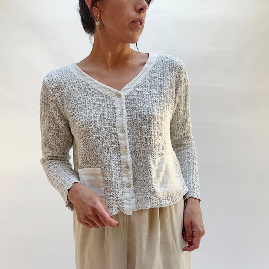 Linen and Knit Cropped Pocket Cardigan in White