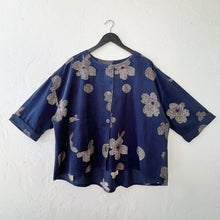 Load image into Gallery viewer, Mona Lisa | Corduroy Tuck Crop Jacket in Dark Blue Blossom Print
