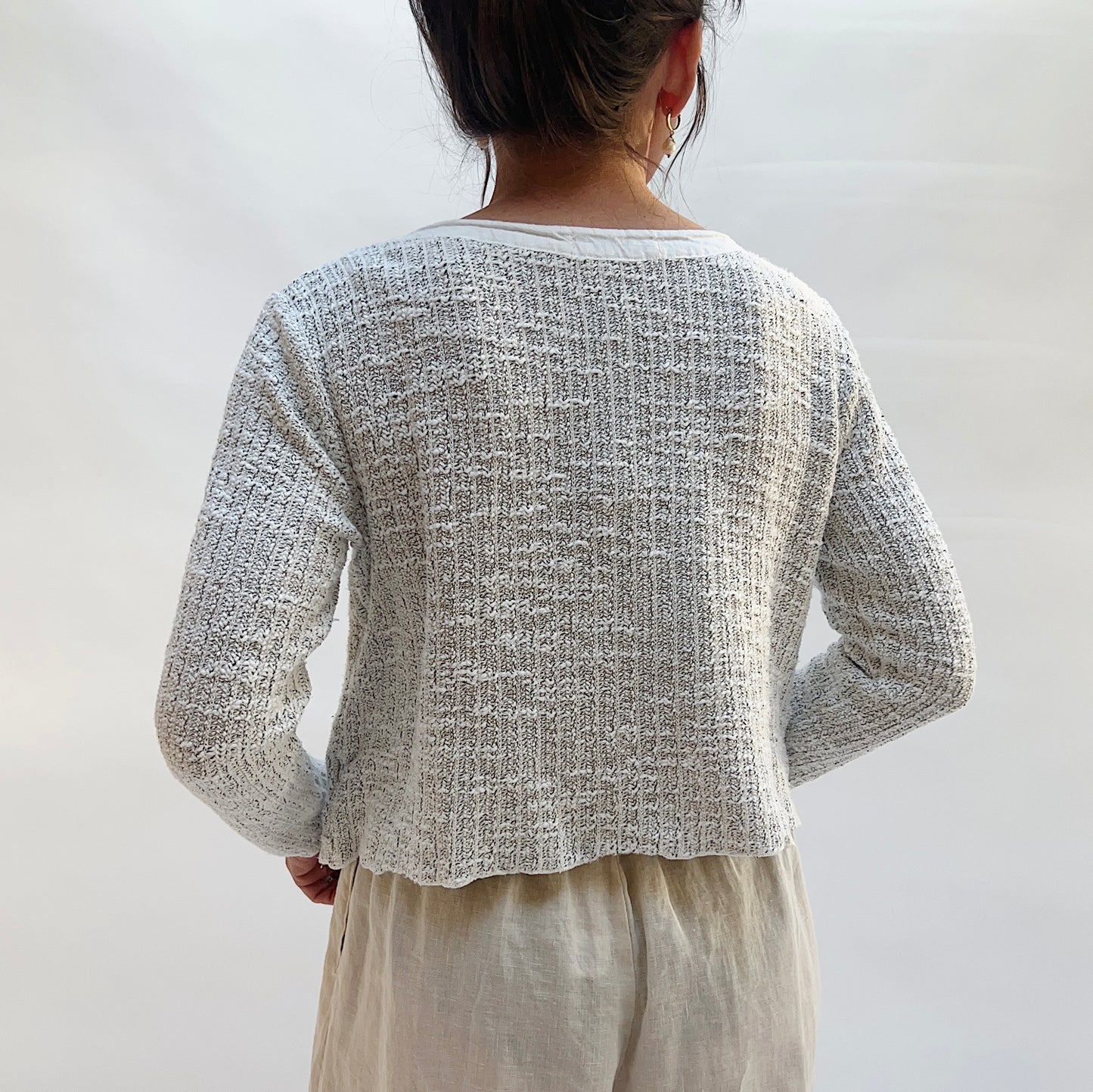 Linen and Knit Cropped Pocket Cardigan in White