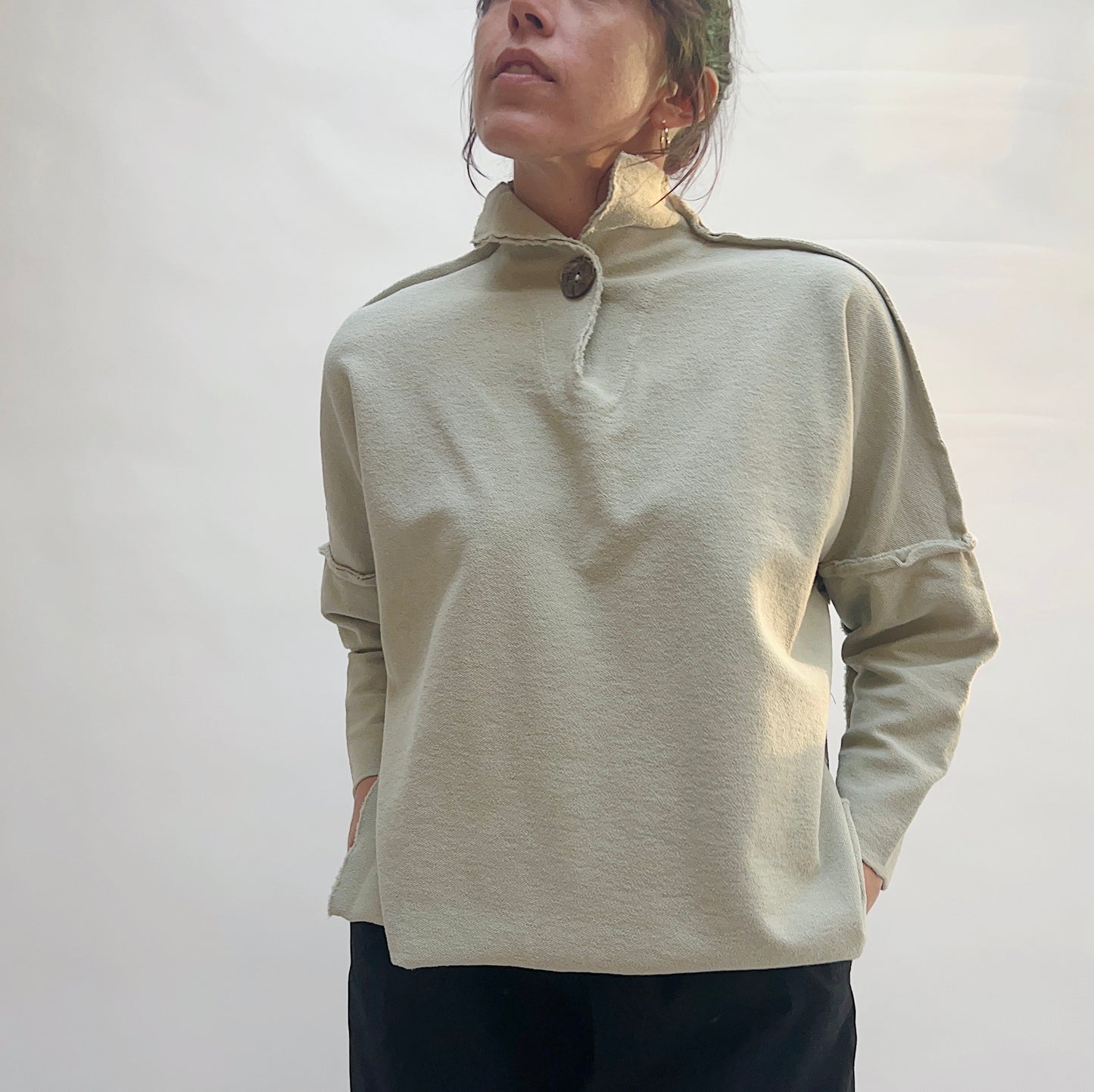 Eleven Stitch | Long Funnel Neck Slub Sweatshirt in Artichoke