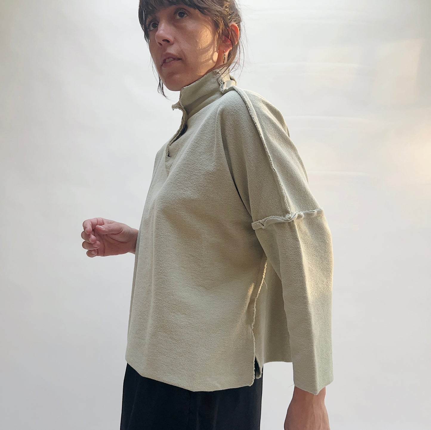 Eleven Stitch | Long Funnel Neck Slub Sweatshirt in Artichoke