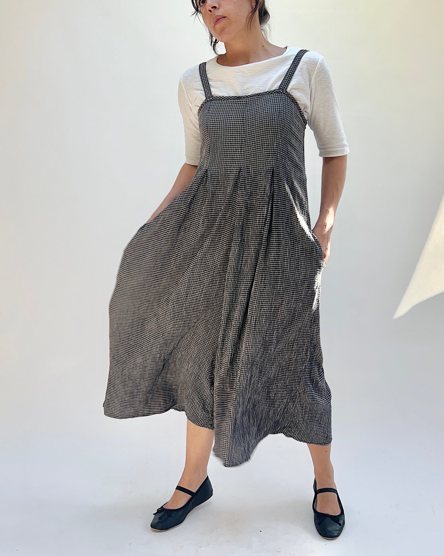 Crop Jumpsuit in Black Crinkle Mini Check