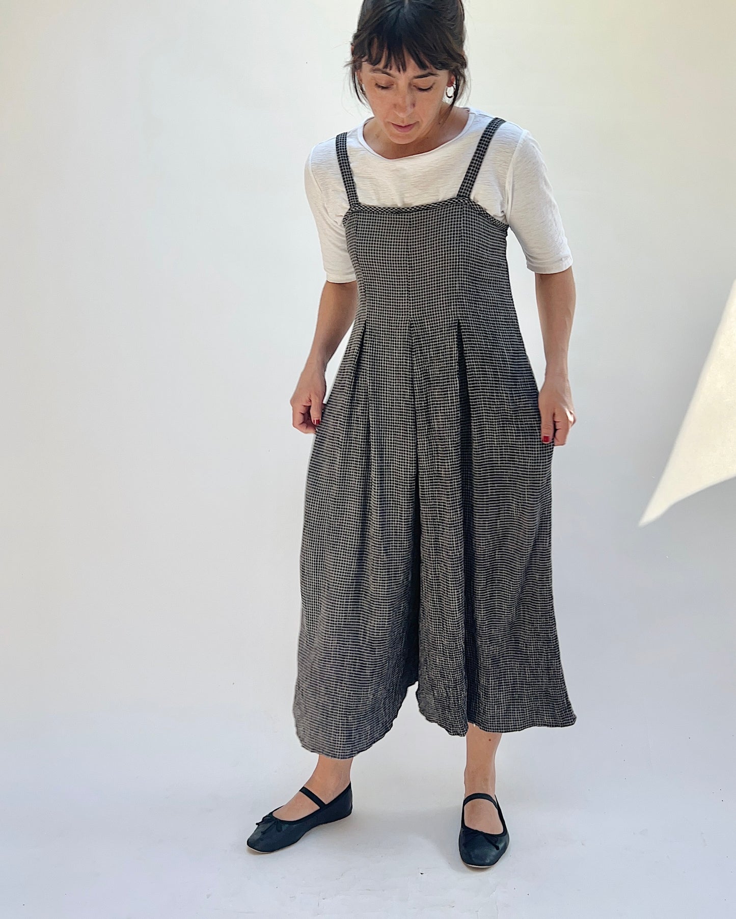 Crop Jumpsuit in Black Crinkle Mini Check