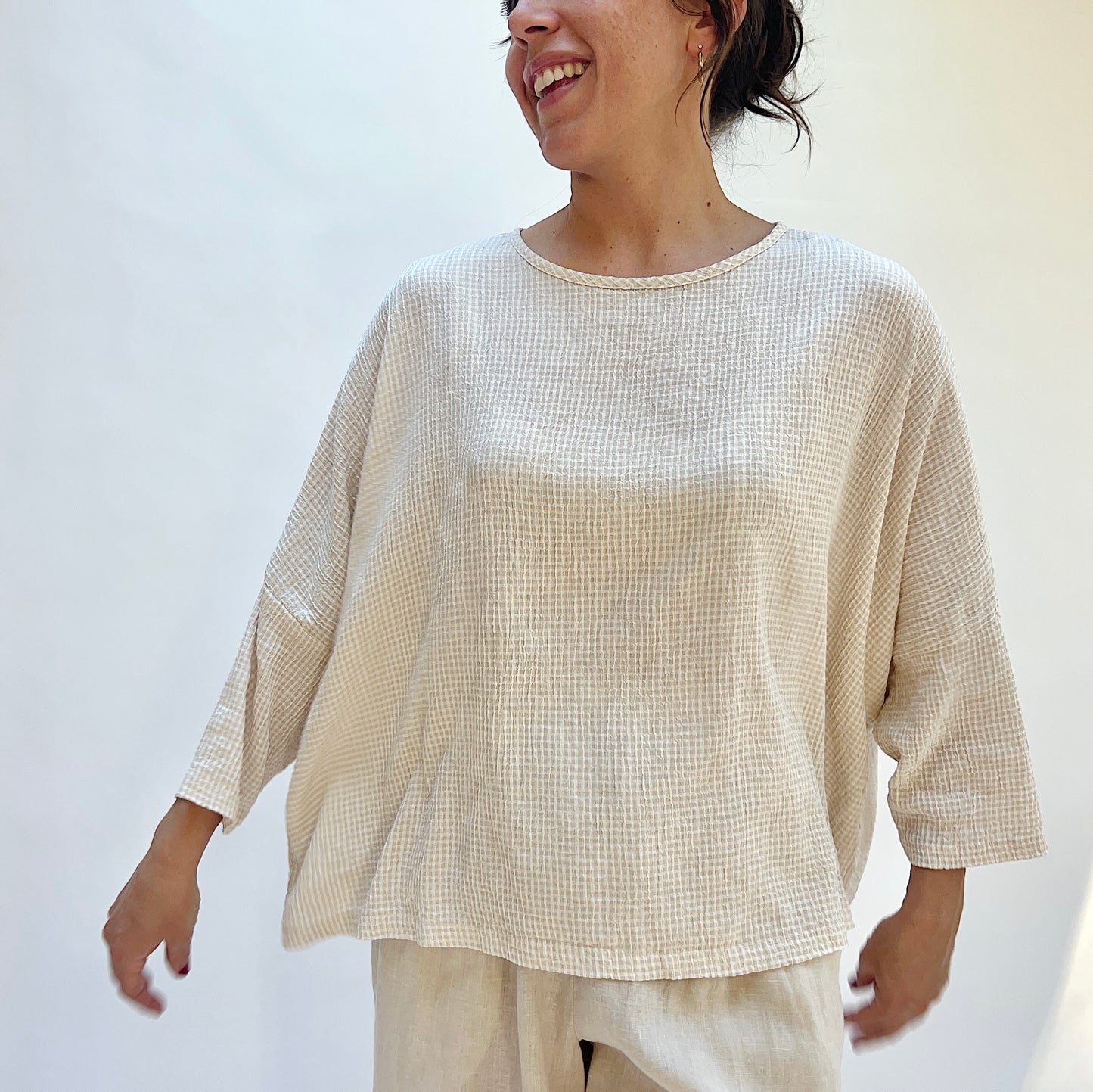 One Size Crop Top in Jicama Mini Crinkle Check