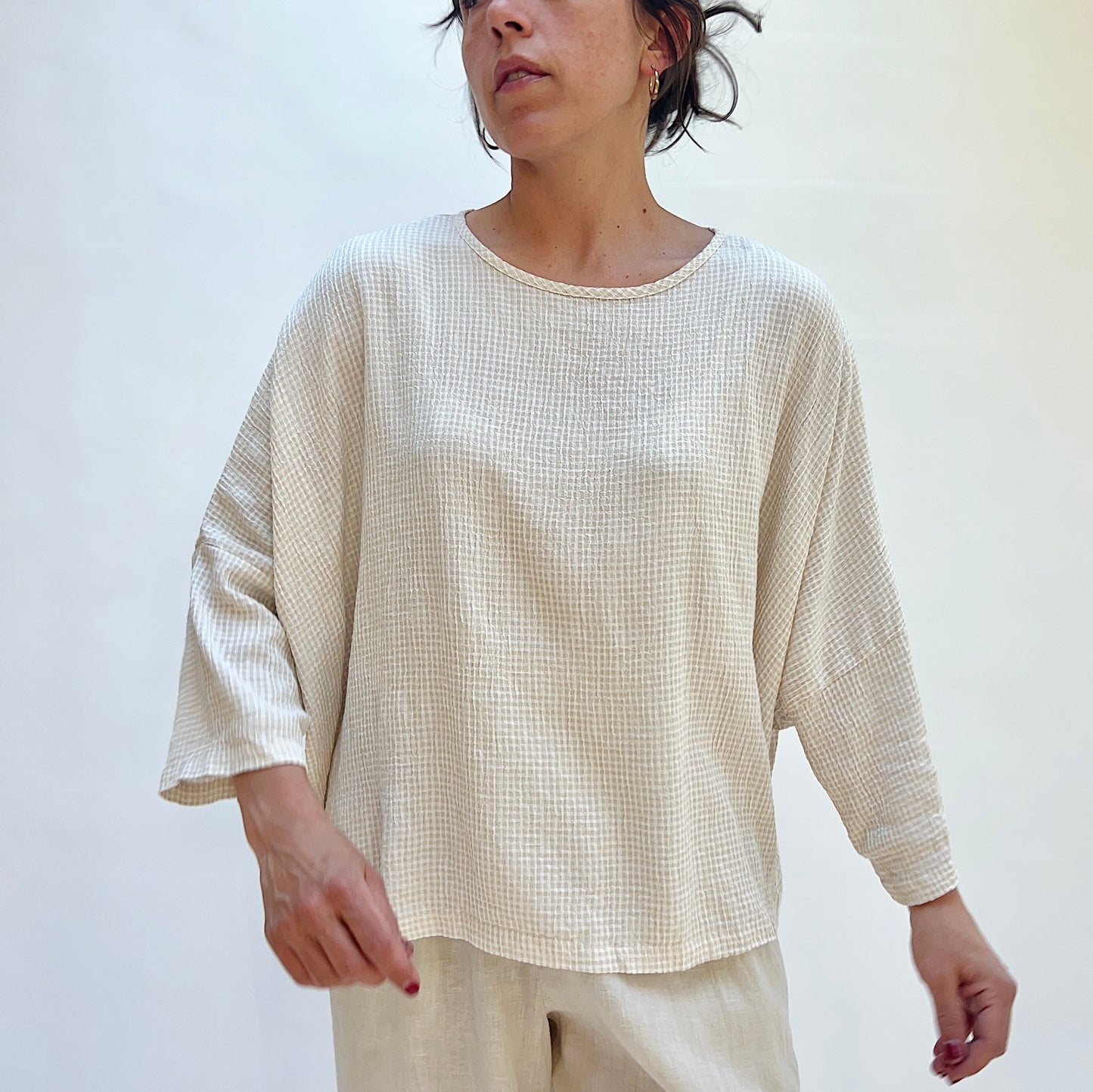 One Size Crop Top in Jicama Mini Crinkle Check