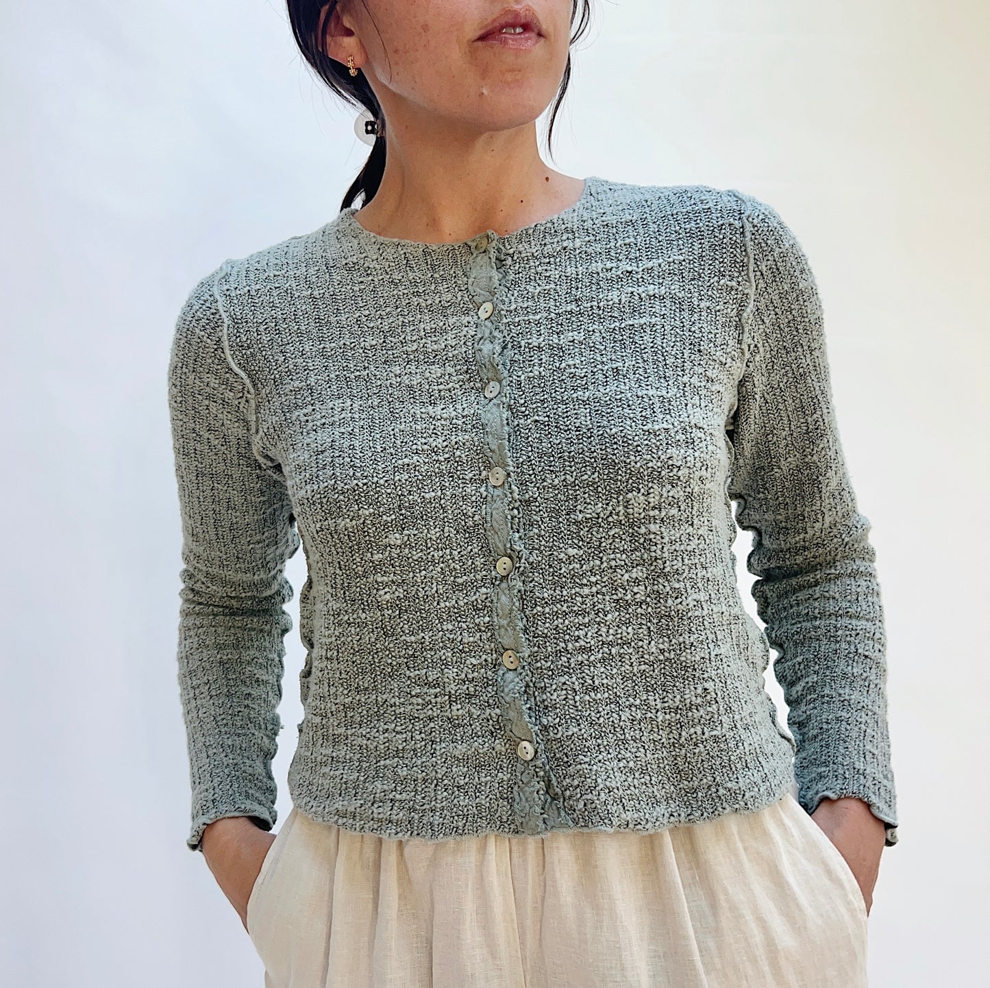 Cropped Textured Knit Cardigan in Overcast