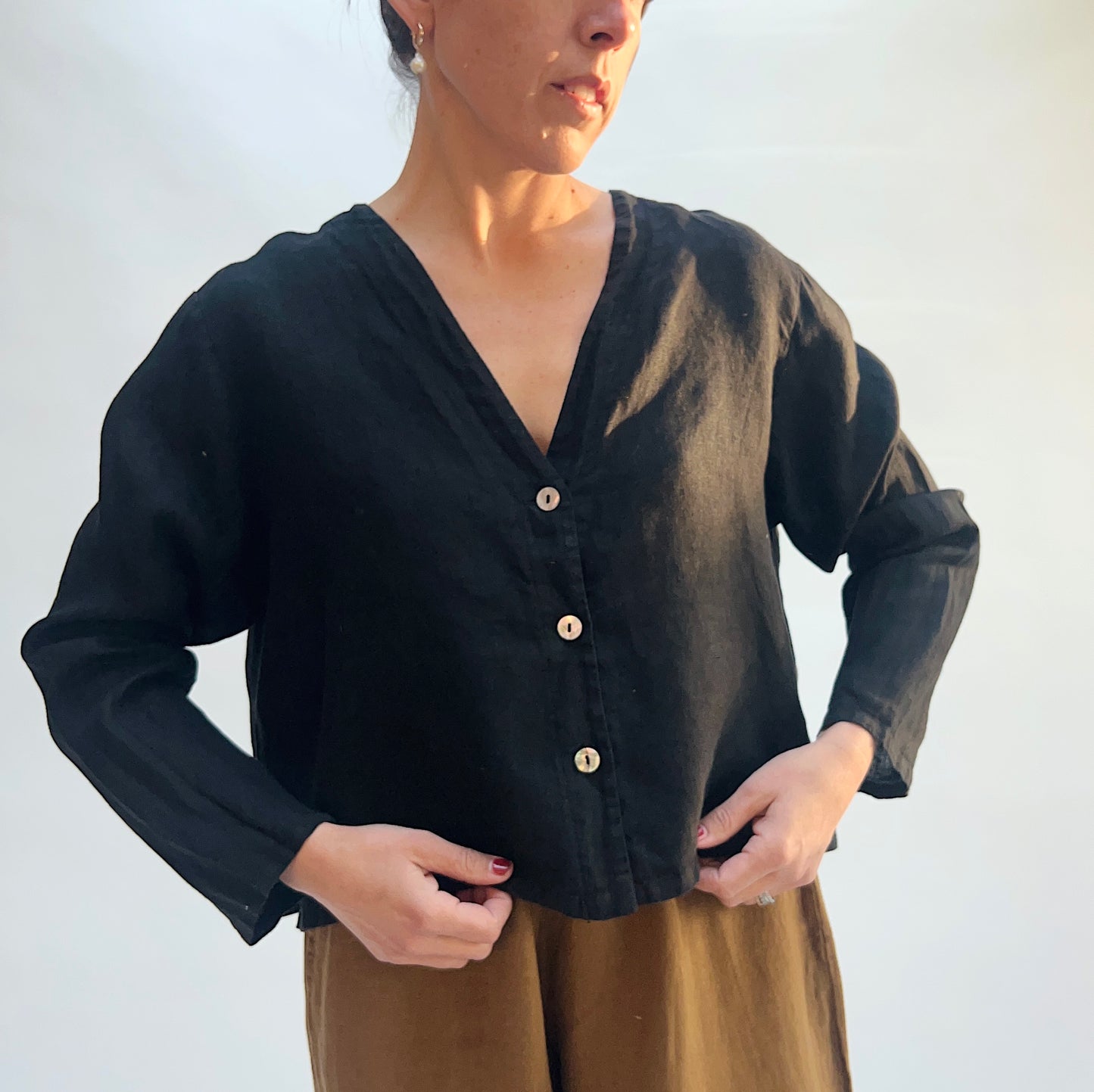 Bryn Walker | Linen Button Front Crop Cardigan in Black