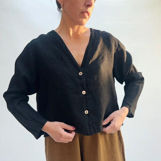 Bryn Walker | Linen Button Front Crop Cardigan in Black