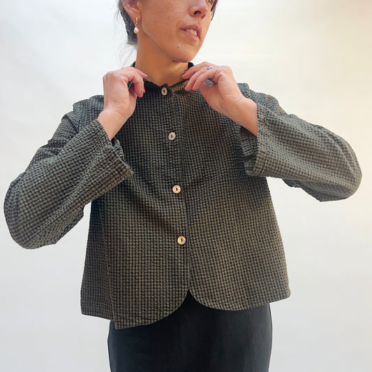 Check Standing Collar Crop Jacket in Peppercorn Seersucker
