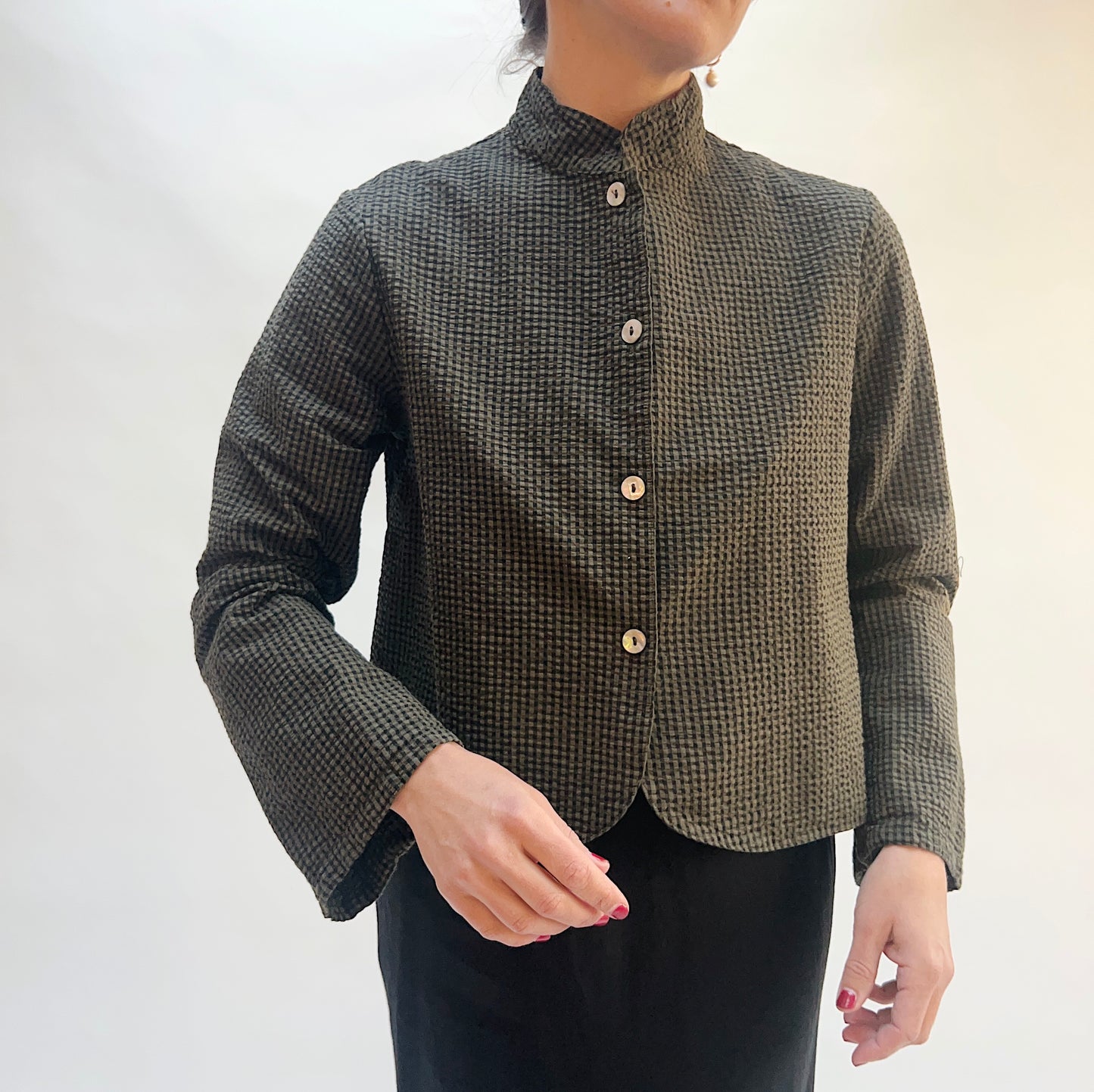 Check Standing Collar Crop Jacket in Peppercorn Seersucker