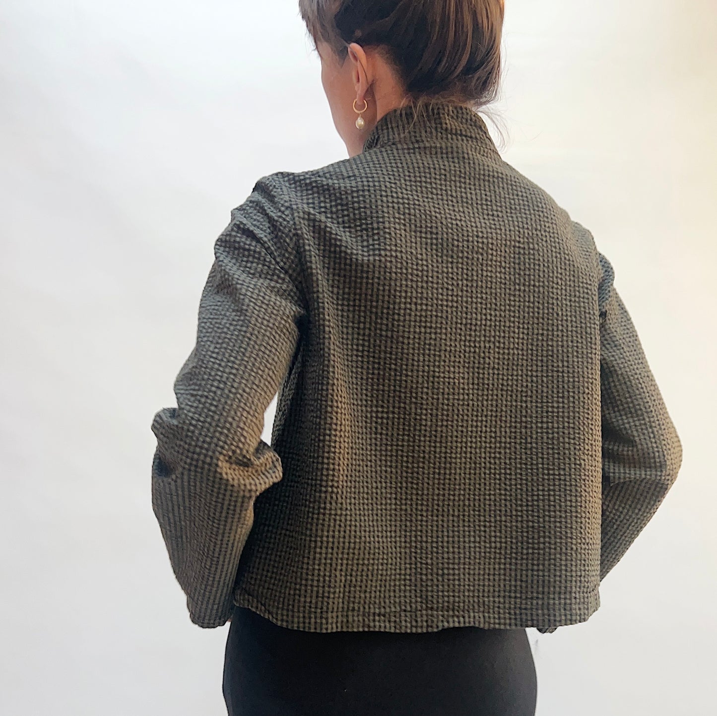 Check Standing Collar Crop Jacket in Peppercorn Seersucker