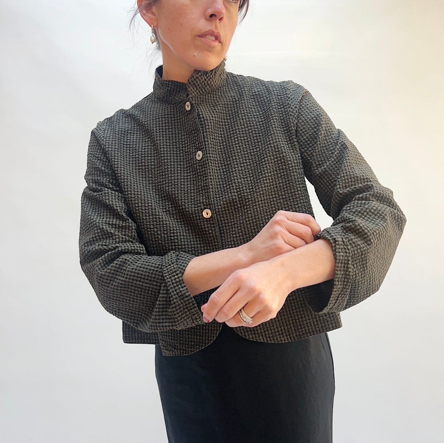 Check Standing Collar Crop Jacket in Peppercorn Seersucker