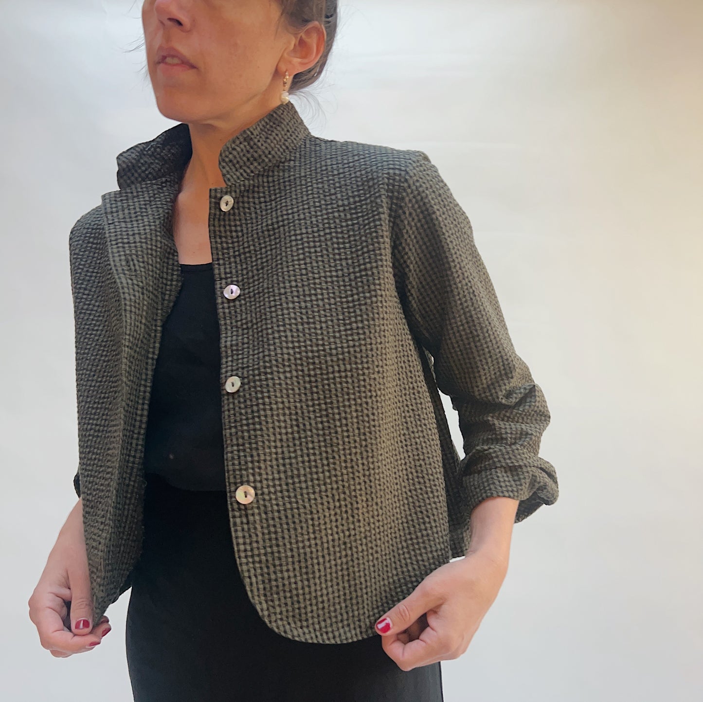 Check Standing Collar Crop Jacket in Peppercorn Seersucker