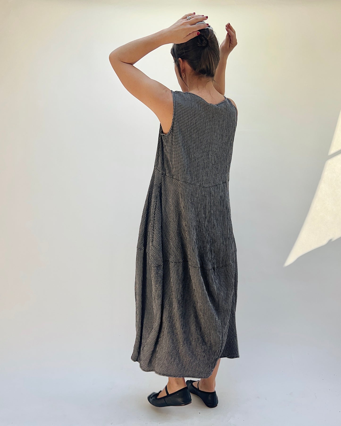 Seamed Bubble Dress in Black Crinkle Mini Check